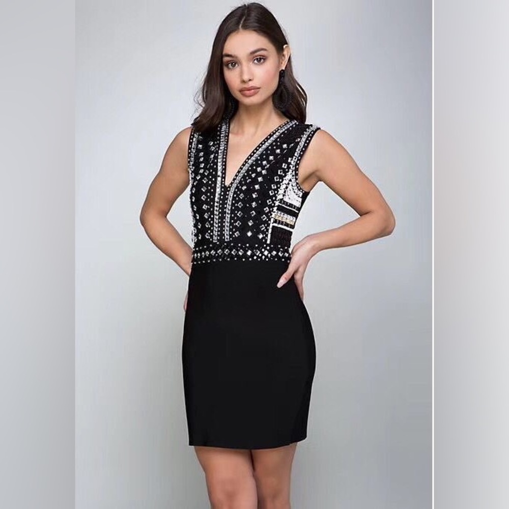 Bebe black beaded rayon banded bodice dress